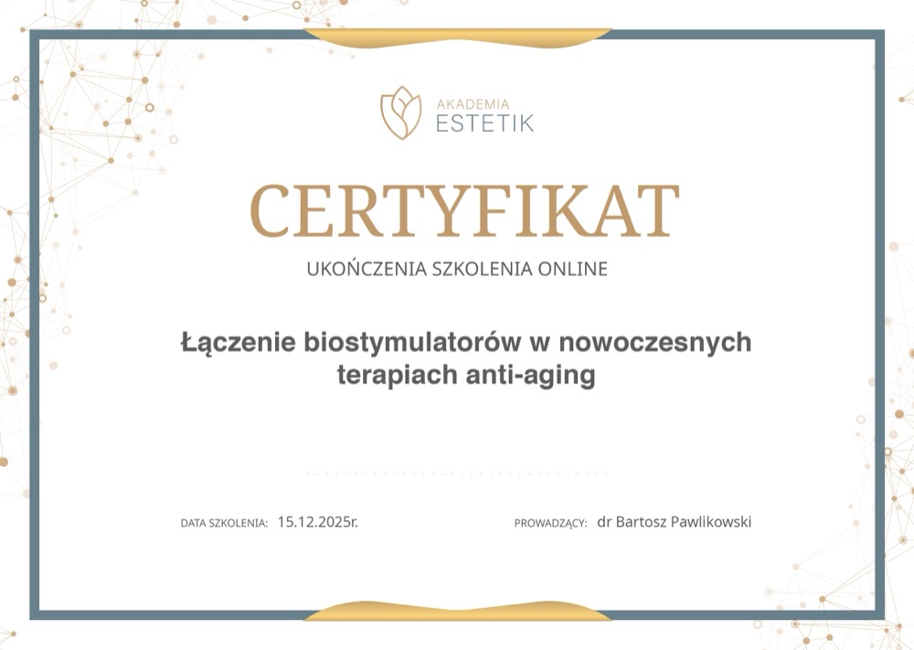 Certyfikat — łączenie biostymulatorów w terapiach anti-aging