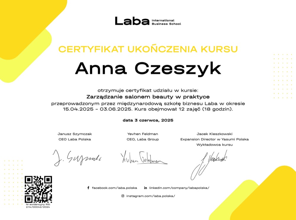 Certyfikat — zarządzanie salonem beauty w praktyce