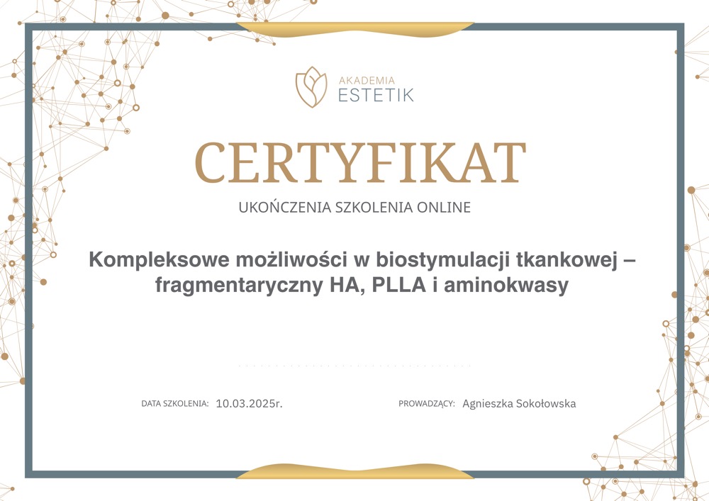 Certyfikat — kompleksowe HA, PLLA, aminokwasy
