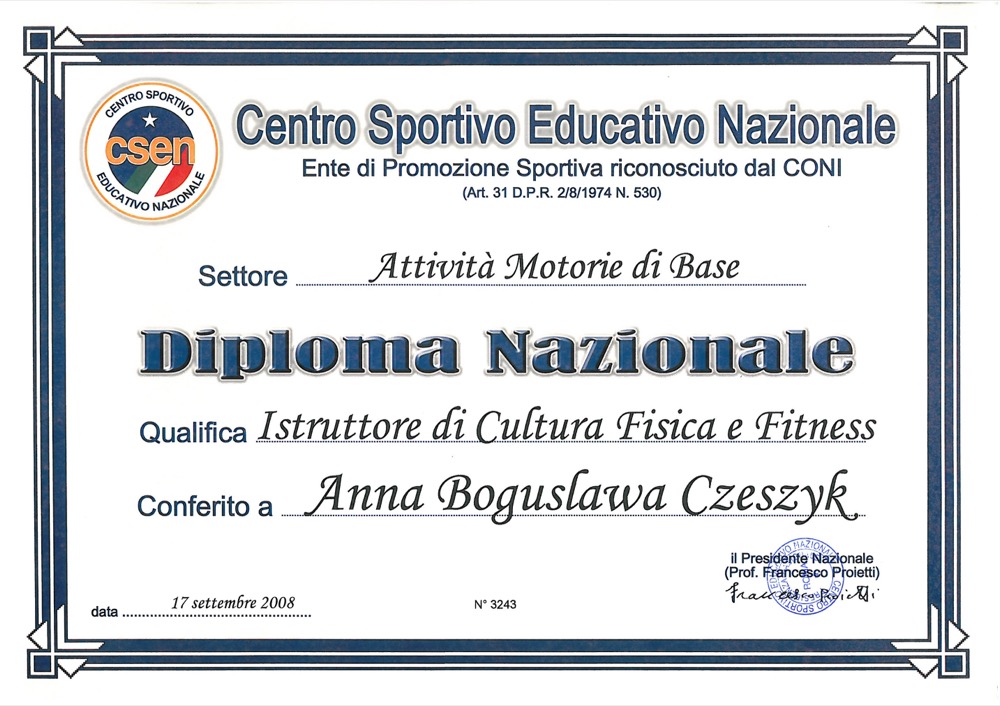 Dyplom instruktora kultury fizycznej i fitness (Włochy)