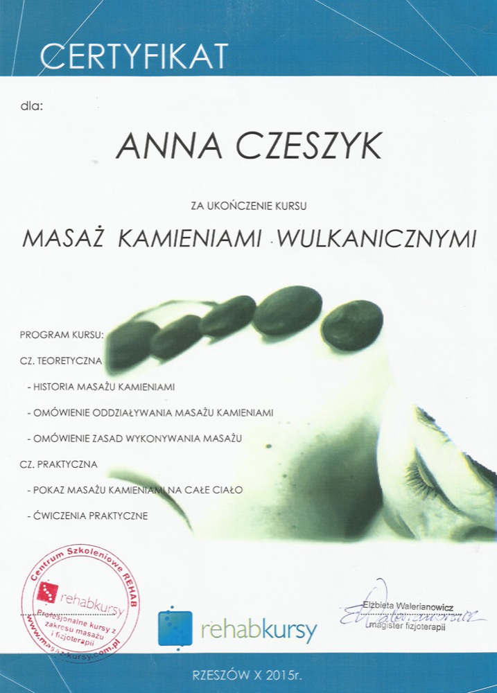 Certyfikat — masaż gorącymi kamieniami wulkanicznymi