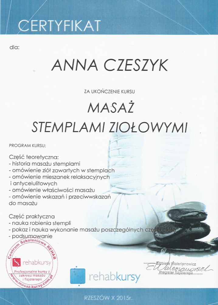 Certyfikat — masaż stemplami ziołowymi
