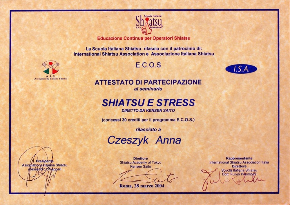 Certyfikat — Shiatsu antystresowe (Włochy)