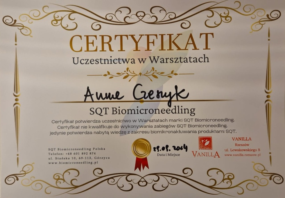 Certyfikat uczestnictwa w warsztatach SQT Biomicroneedling