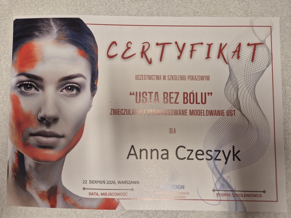 Certyfikat — „Usta bez bólu”: znieczulanie i zaawansowane modelowanie ust (MEDISIGN, Warszawa 2026)