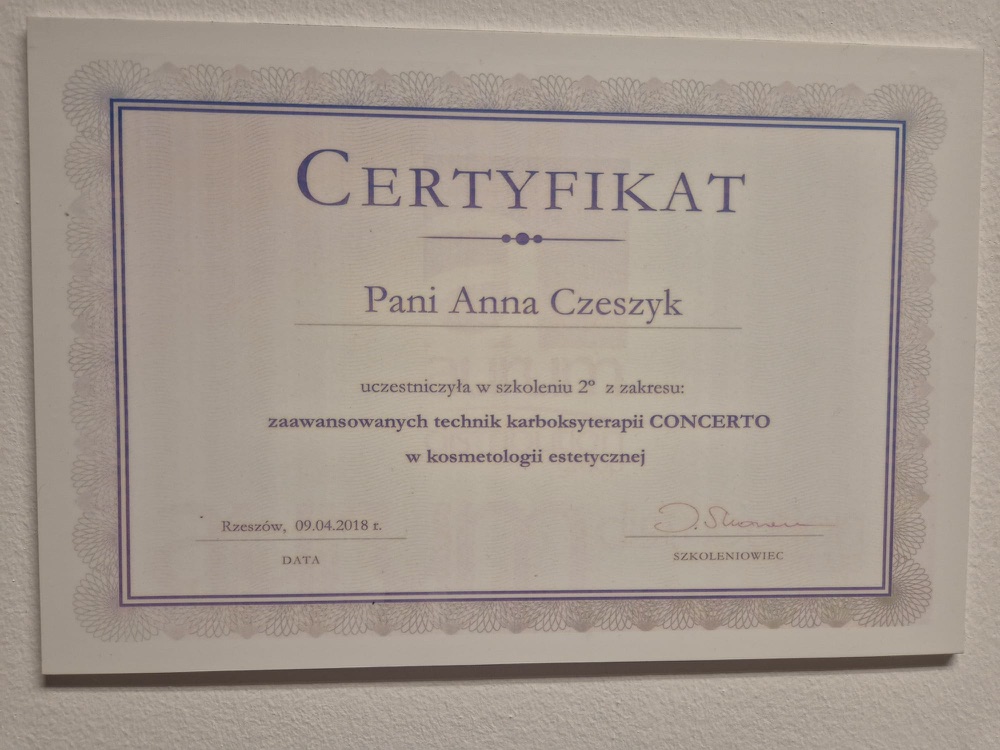 Certyfikat — zaawansowane techniki karboksyterapii CONCERTO (Rzeszów 2018)