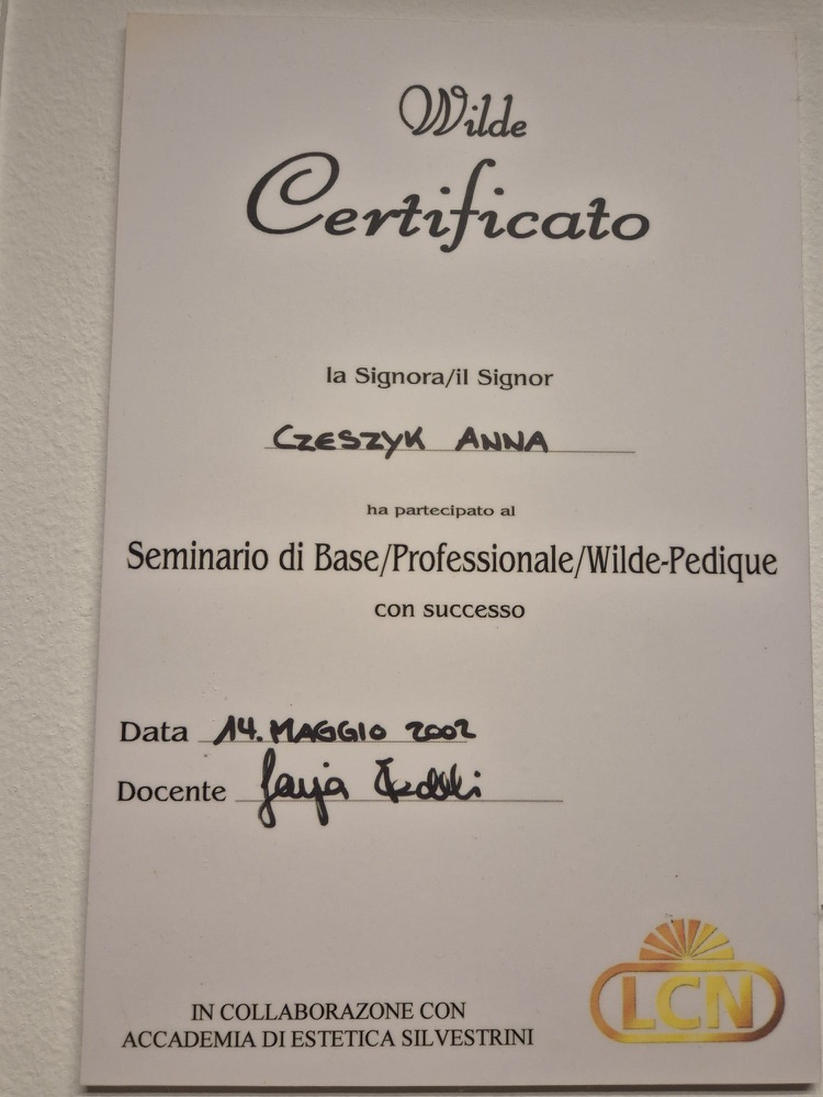 Certyfikat — Wilde-Pedique, seminarium podstawowe i profesjonalne (Włochy)